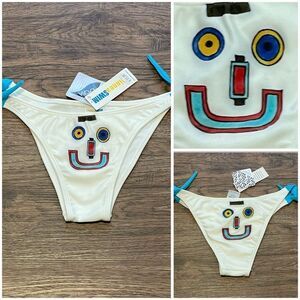 NWT Linnea Hand Painted Bikini Bottom Made In Brazil Robot Face White Red Blue M